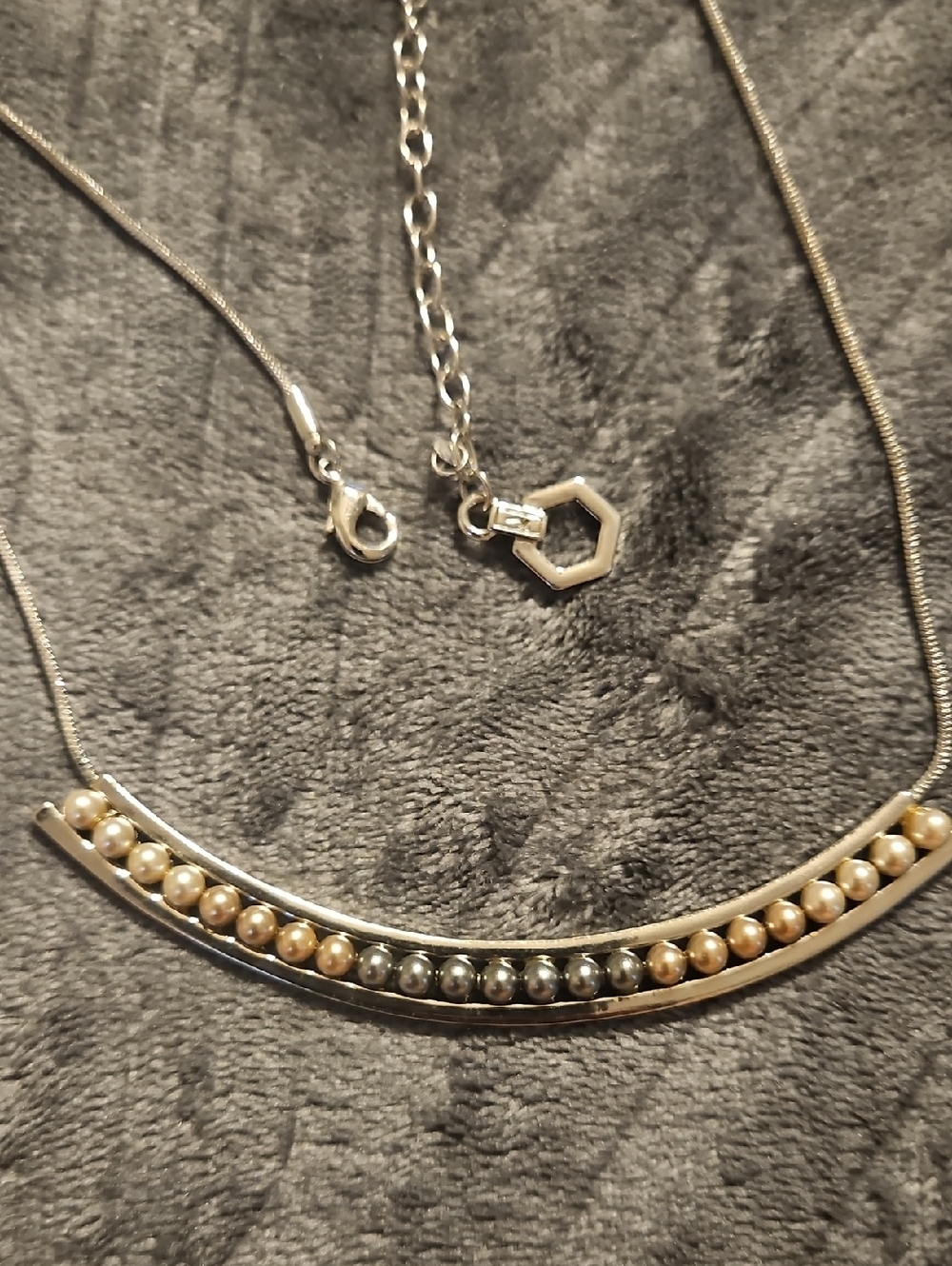 Vera Wang Two-Tone Beaded Curved Bar Necklace in Silver, Gold, and Gray